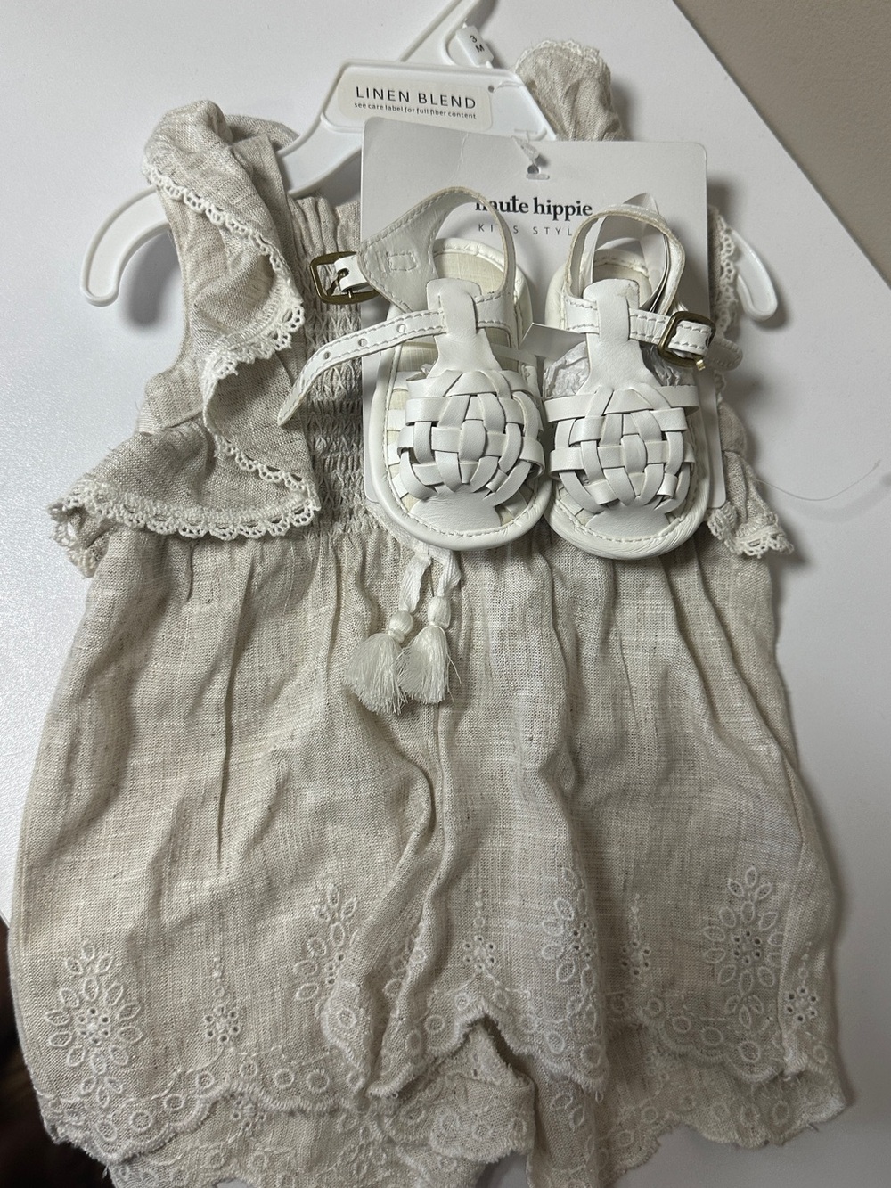 Haute Hippie Cream Linen Baby Outfit with shoes, size 0-3 months